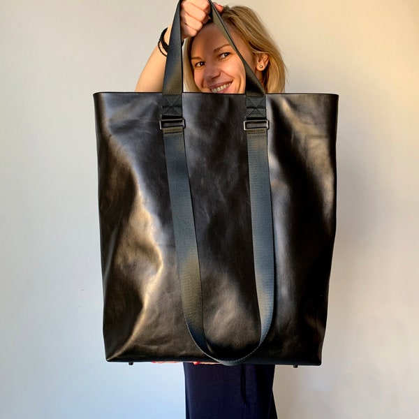 Oversized leather tote bag Large shopper bag Black leather tote bag for women Extra large tote bag for women