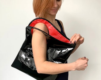 Sac à main en cuir verni noir et rouge Sac à main de designer minimaliste pour femme Petit sac à bandoulière