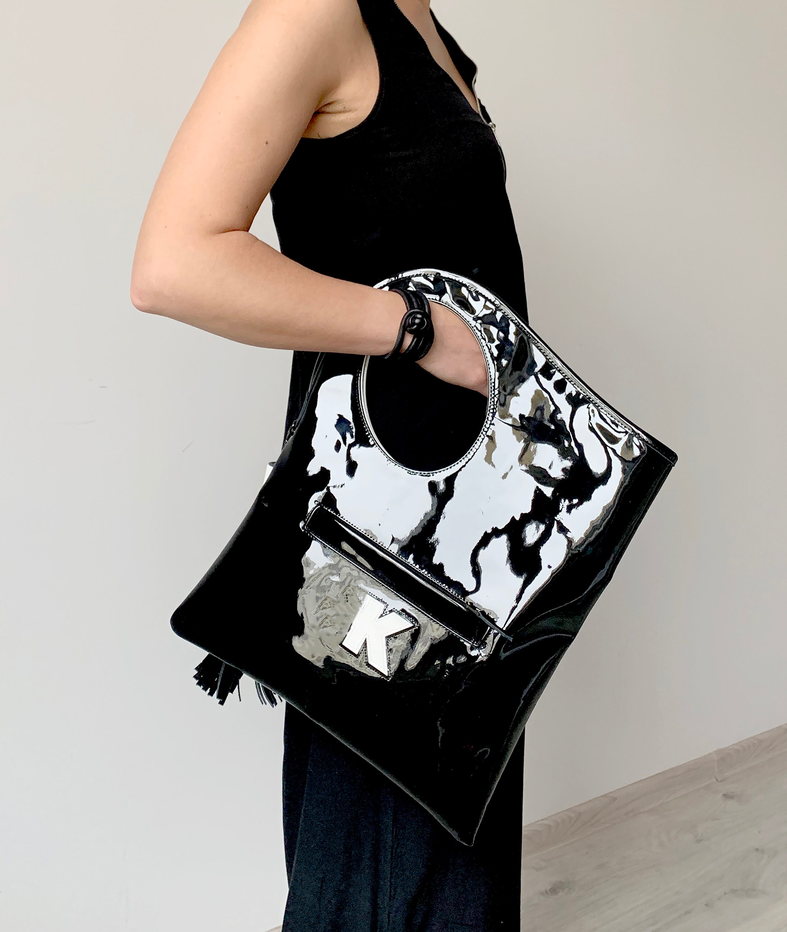 Black patent clearance leather tote bag