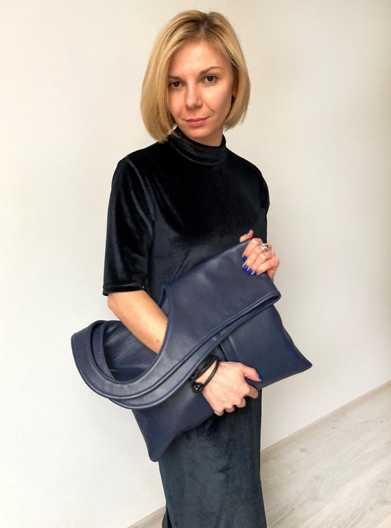 HOT Foldover Clutch Large Navy Blue Clutch Bag Blue Leather
