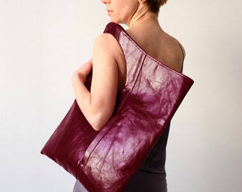 Handmade Burgundy Leather Hobo Bag: Oversized Designer Tote