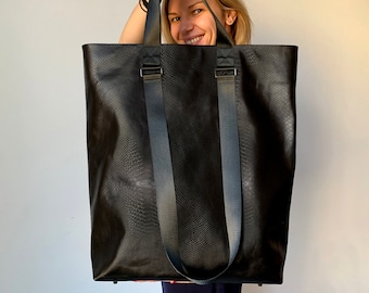 Black Croc Embossed Leather Tote Bag: Oversized Personalized Shopper