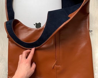 Monedero de piel color coñac Bolso grande de hombro con bolsillo Bolso de mano adecuado para portátil para mujer