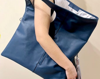 Royal blue leather hobo bag with a silver interior and a tassel Extra large shoulder bag for women Genuine leather everyday purse