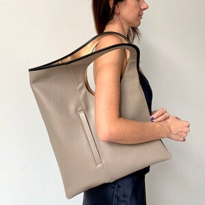 Beige leather tote bag for women Large leather handbag Asymmetrical purse Unique shoulder bag Soft leather shopper