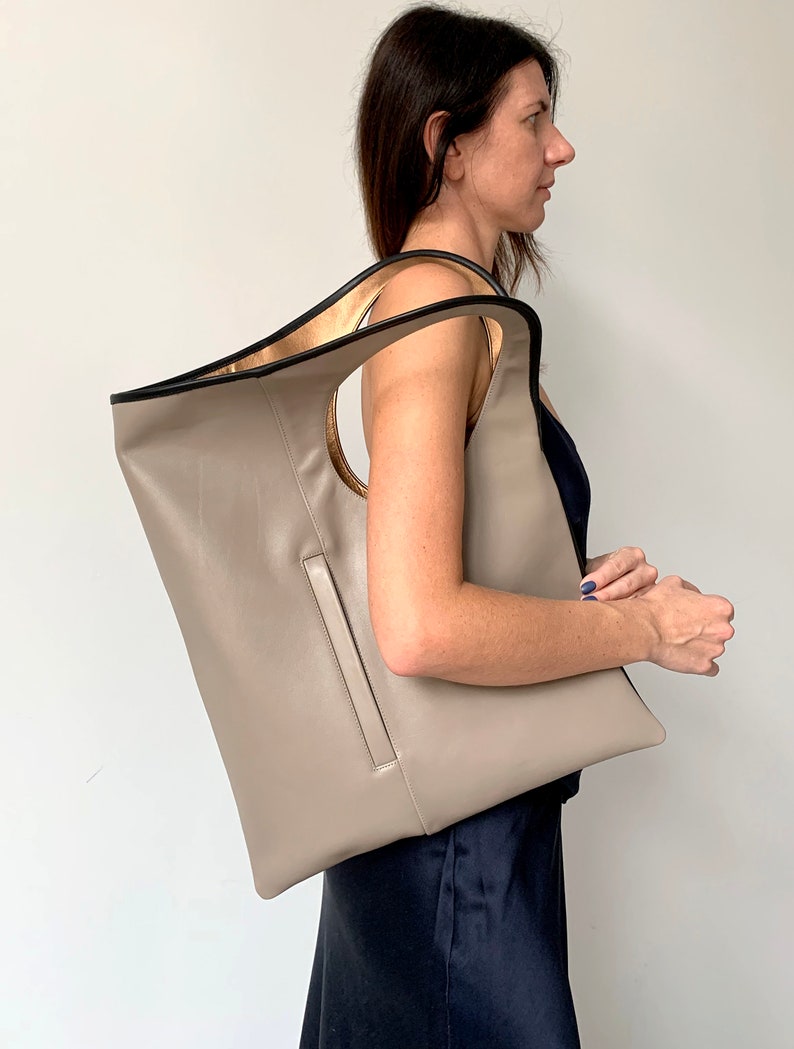 Beige leather tote bag for women Large leather handbag Asymmetrical purse Unique shoulder bag Soft leather shopper
