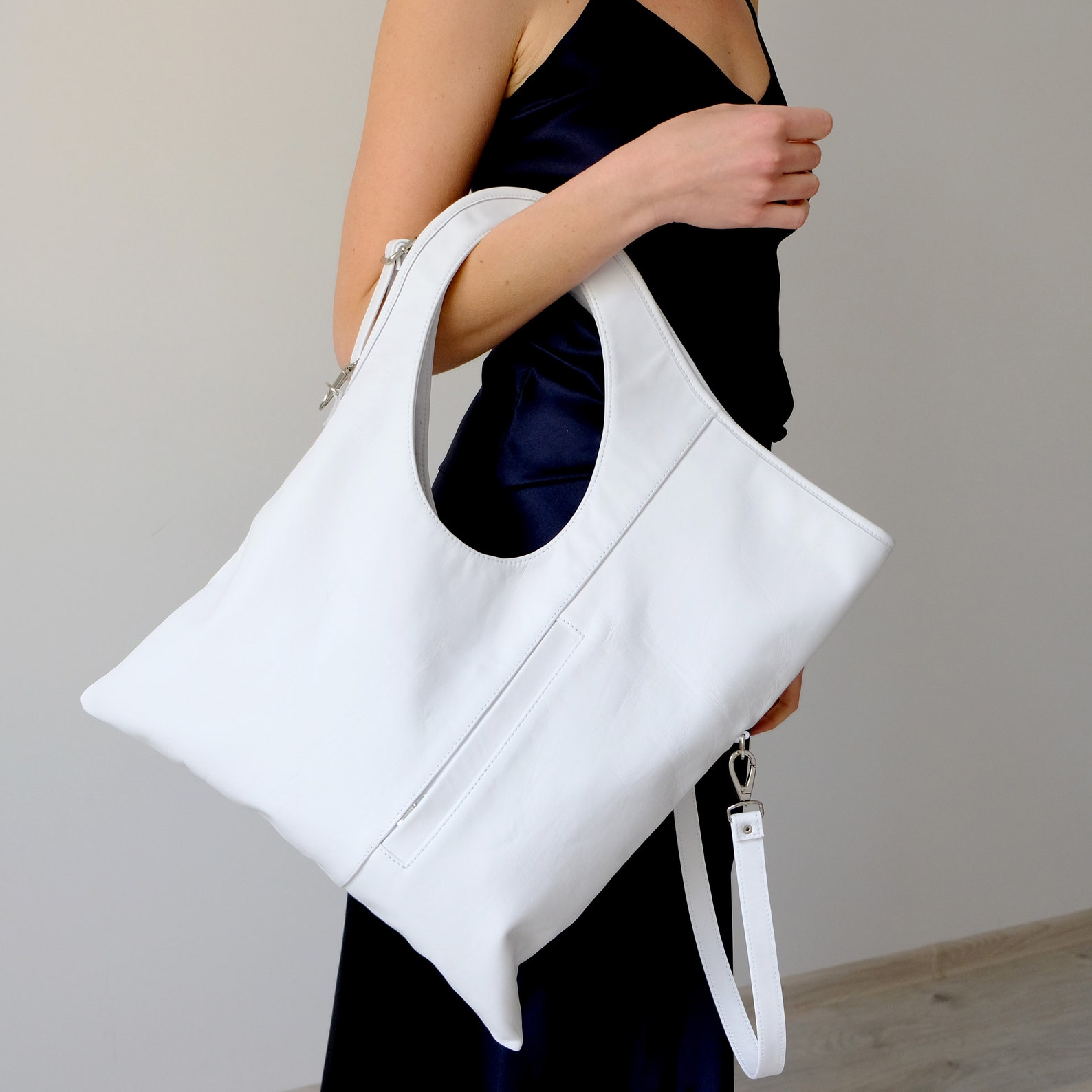 White Leather Hobo Bag Large Shopper Tote Genuine Leather Hobo - Etsy