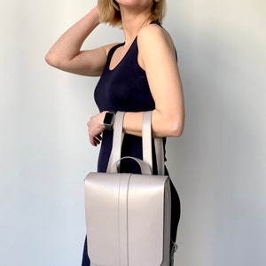 Natural leather backpack women purse Laptop rucksack Beige leather handbag Monogrammed leather bag image 6