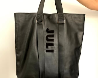 Black Leather Tote Bag: Large Handmade Shopper, Monogram Option