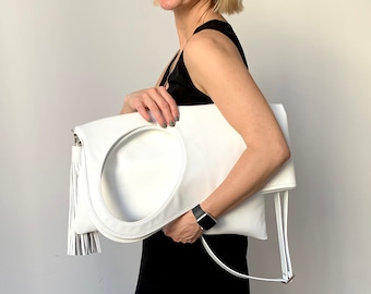 White Leather Hobo Bag: Asymmetrical Clutch Purse with Armhole