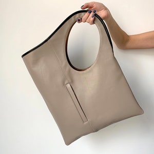 Beige leather tote bag for women Large leather handbag Asymmetrical purse Unique shoulder bag Soft leather shopper.