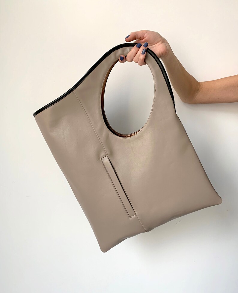 Beige leather tote bag for women Large leather handbag Asymmetrical purse Unique shoulder bag Soft leather shopper.