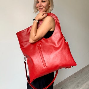 Red leather handbag Oversized clutch purse Fold over bags Slouchy hobo bags for women Asymmetrical purse Soft leather shoulder bag Genuine leather bag by Olena Molchanova.