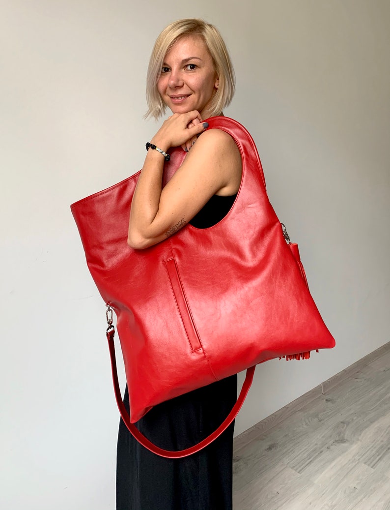 Red leather handbag Oversized clutch purse Fold over bags Slouchy hobo bags for women Asymmetrical purse Soft leather shoulder bag Genuine leather bag by Olena Molchanova.