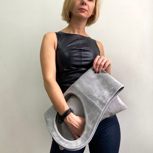 Suede bag for women Grey leather handbag Oversized hobo bag Asymmetrical purse Medium purse Unique tote by Olena Molchanova