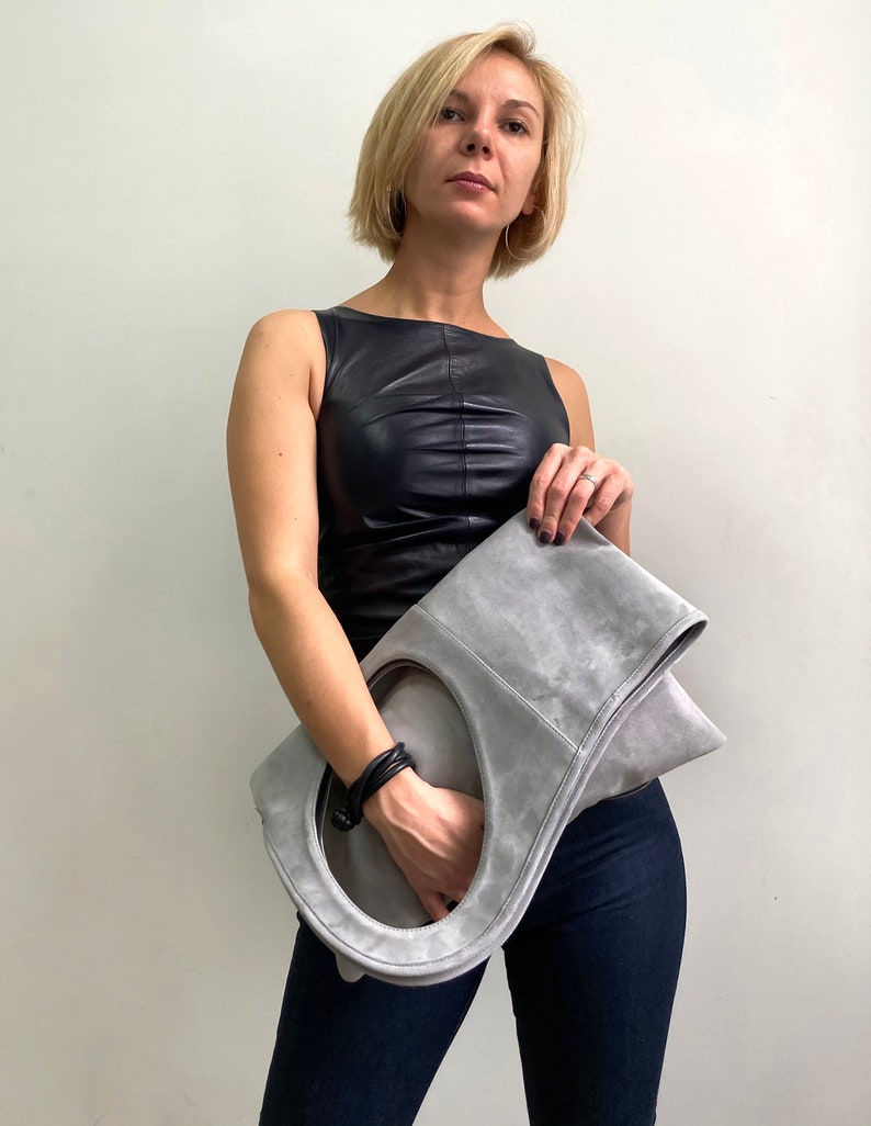 Suede bag for women Grey leather handbag Oversized hobo bag Asymmetrical purse Medium purse Unique tote by Olena Molchanova