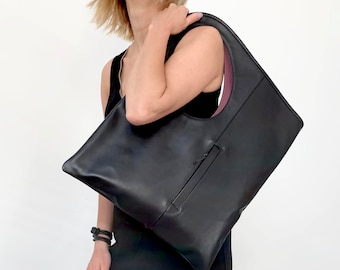 Schwarze Leder Umhängetasche: Große Slouchy Schultertasche