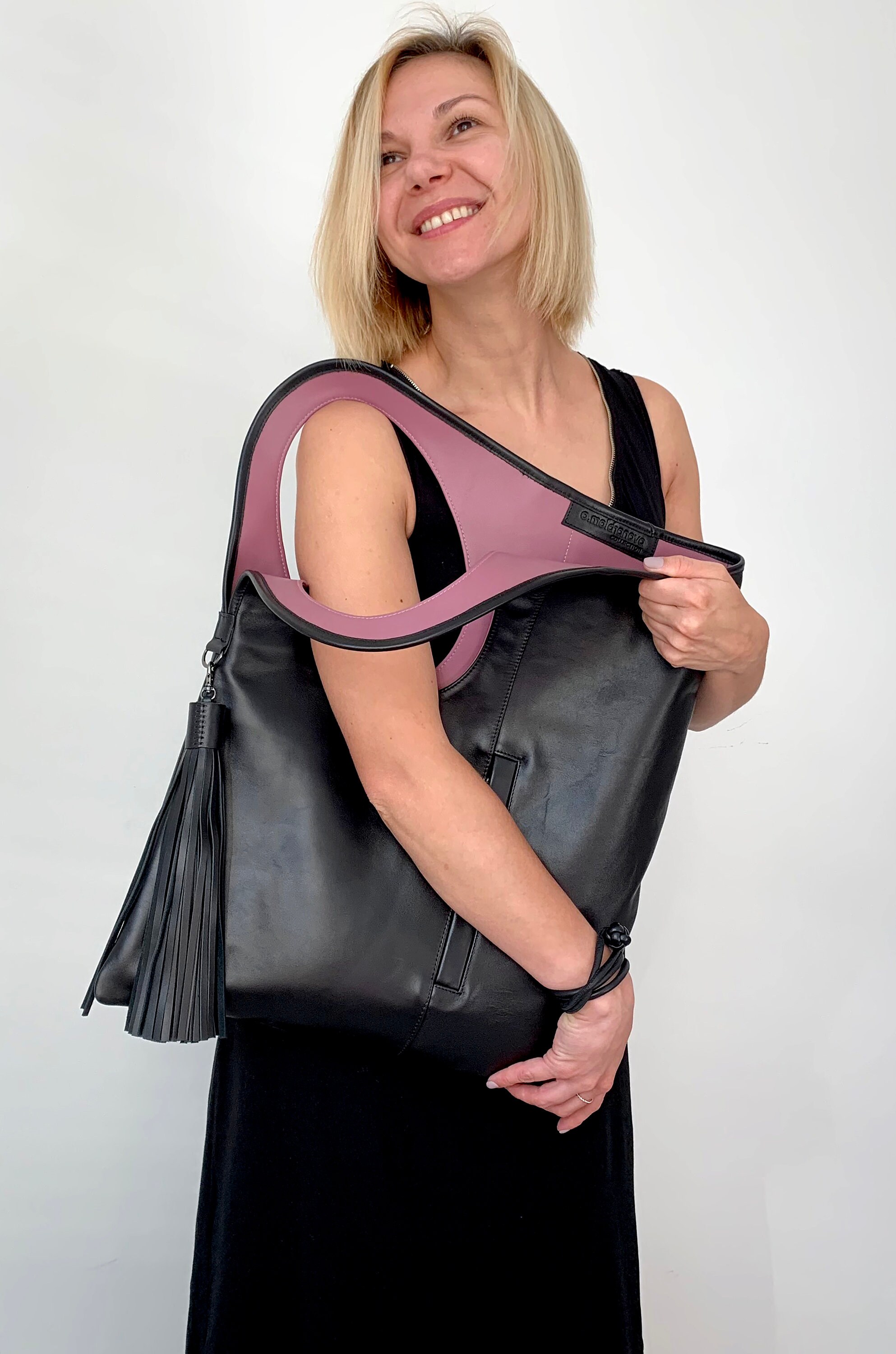 Black and Fuchsia Leather Hobo Bag Asymmetrical Statement Purse