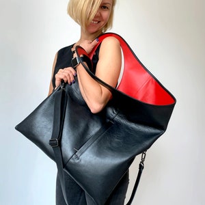 Big leather handbag Black and red bag Slouchy hobo bag Huge purse Extra large leather tote bag Unique shoulder bag Oversized bag