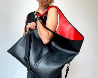 Oversized handbag Black leather hobo bag Slouchy red-lined tote Armhole designer purse for women