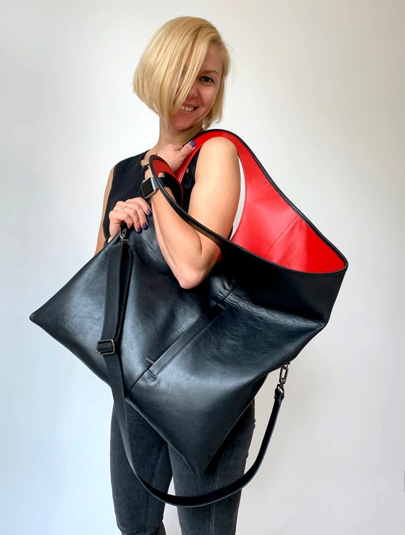 Big Leather Handbag Black and Red Bag Slouchy Hobo Bag Huge Purse