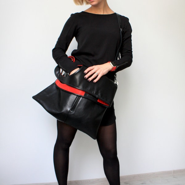Large crossbody bags for women Soft Italian leather bag Minimalist handbag Fold over leather purse Genuine leather purse