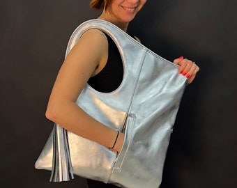 Silver Leather Hobo Bag: Oversized Slouchy Shoulder Bag