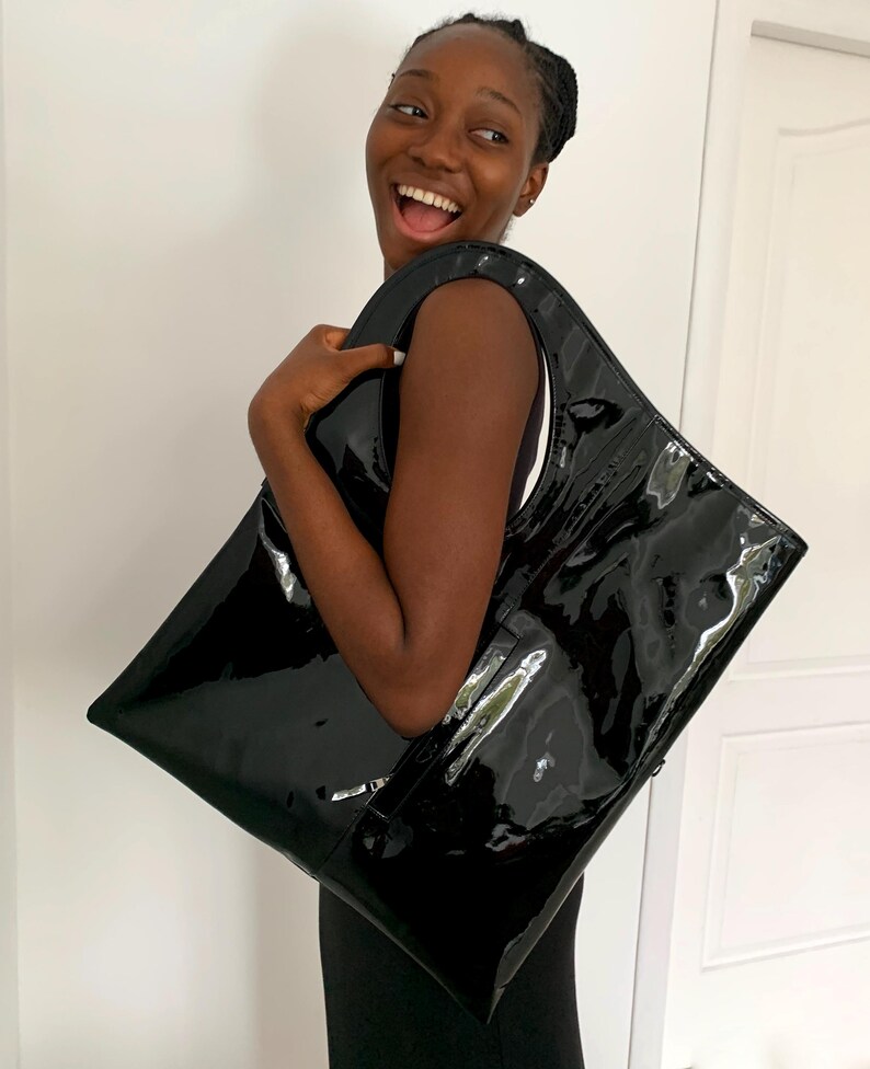 Black and red patent leather purse Minimalist designer handbag for women Small shoulder bag by Olena.