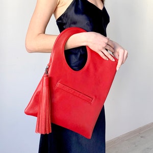 Red leather handbag Oversized clutch purse Fold over bags Slouchy hobo bags for women Asymmetrical purse Soft leather shoulder bag Genuine leather bag by Olena Molchanova.