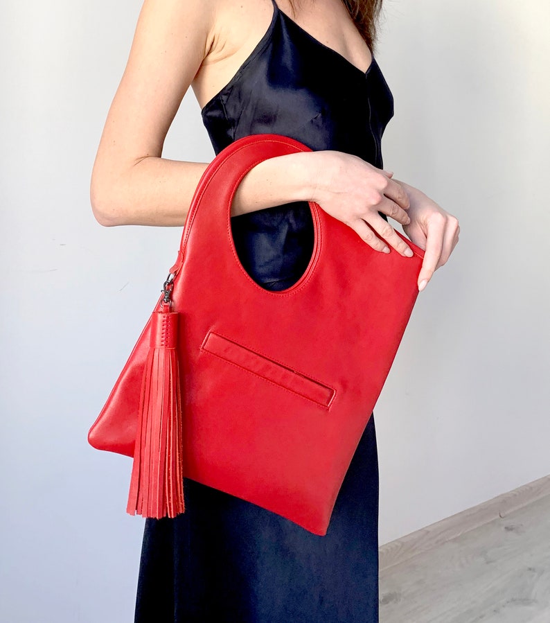 Red leather handbag Oversized clutch purse Fold over bags Slouchy hobo bags for women Asymmetrical purse Soft leather shoulder bag Genuine leather bag by Olena Molchanova.