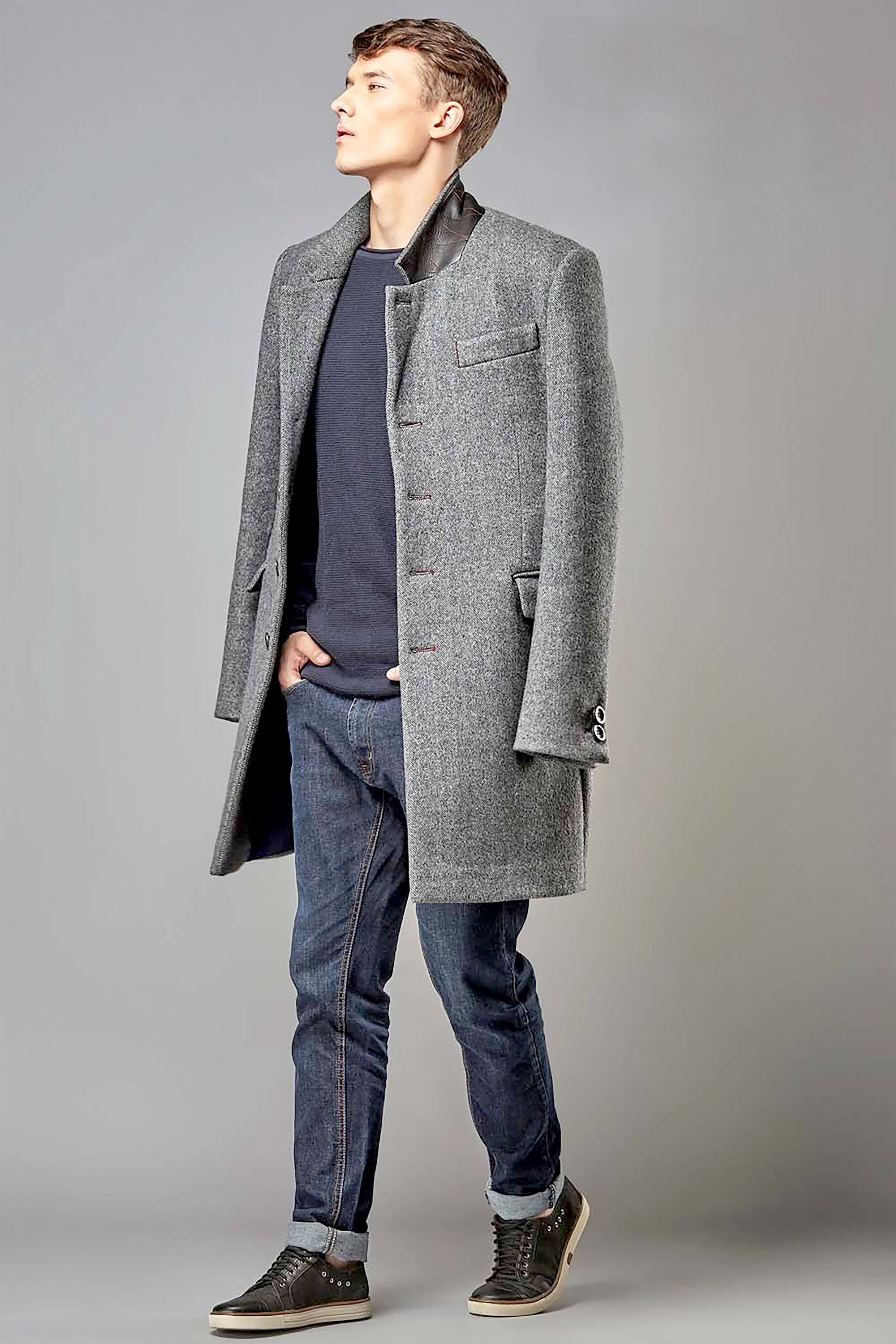Mens Wool Coat Men Overcoat Grey Herringbone Coat Custom ...