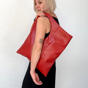 Red leather handbag Oversized clutch purse Fold over bags Slouchy hobo bags for women Asymmetrical purse Soft leather shoulder bag Genuine leather bag by Olena Molchanova.