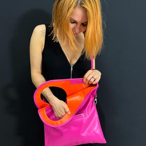 Pink leather purse Fuchsia crossbody bag for women Medium handbag Modern purse Armhole tote bag Ladies purse Magenta leather purse