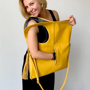 Yellow leather shoulder bag Extra large handbag for women Soft leather hobo bag Asymmetrical purse with pocket Genuine leather bag