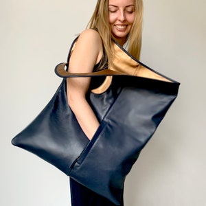 Oversized leather purse Navy blue leather handbag Extra large leather tote bag for women Genuine leather shopper