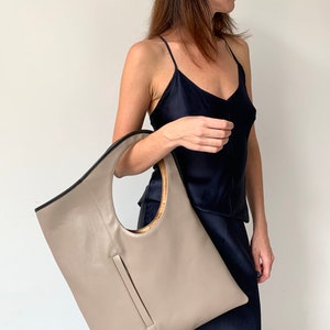 Beige leather tote bag for women Large leather handbag Asymmetrical purse Unique shoulder bag Soft leather shopper