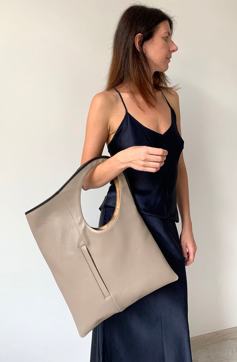 Beige leather tote bag for women Large leather handbag Asymmetrical purse Unique shoulder bag Soft leather shopper