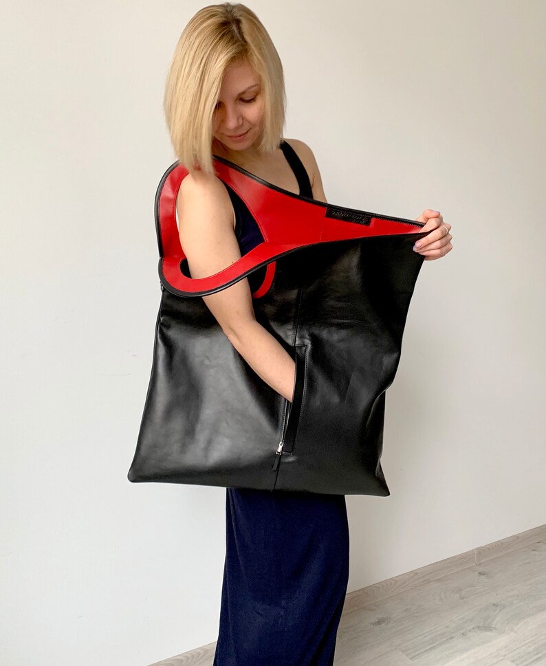 Oversized clutch Black leather shoulder bag Asymmetrical purse Flat handbags for women Genuine leather bag Soft leather pouch bag 22/20 inches