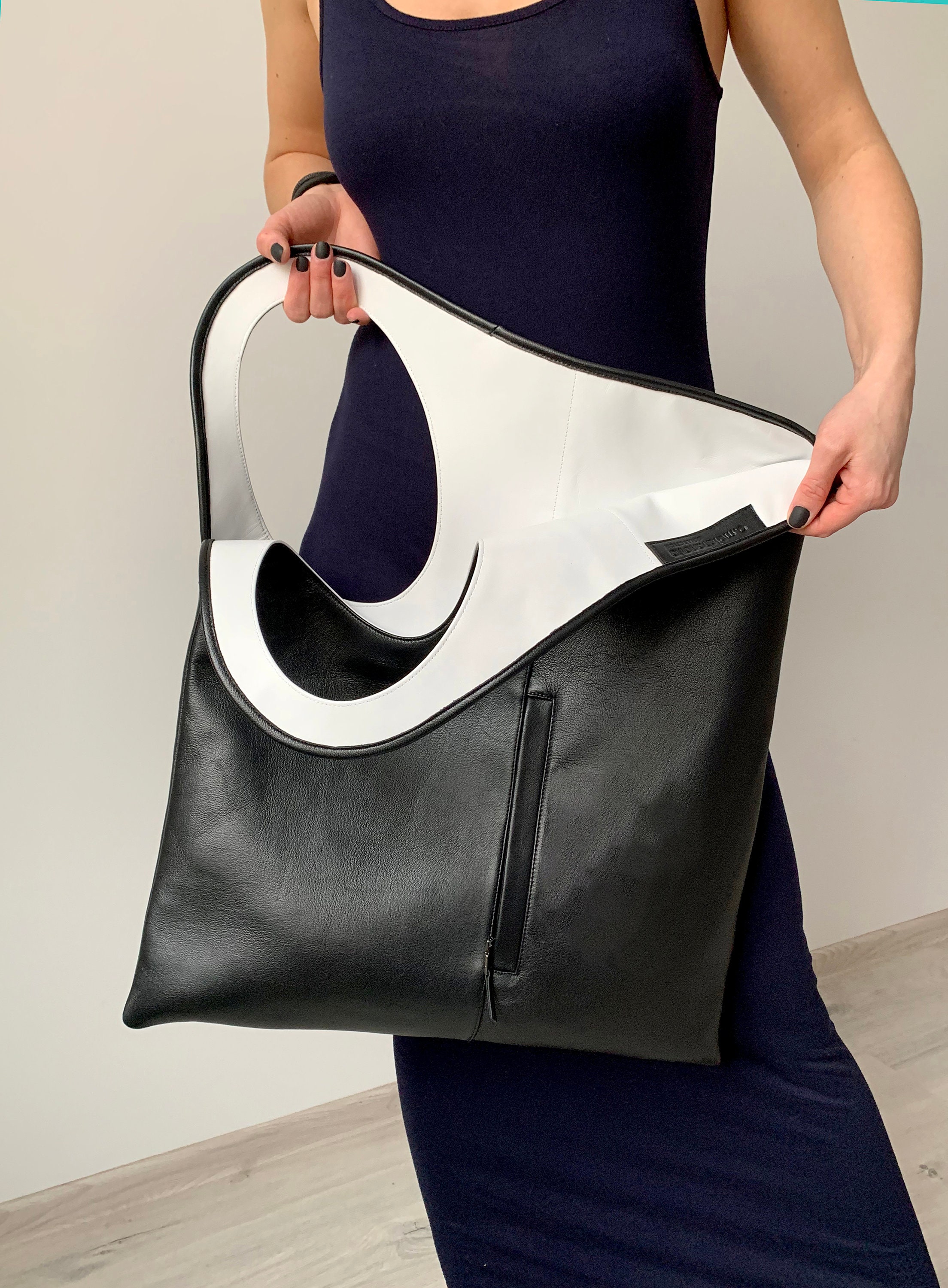 Extra large leather tote bag for women Black and white leather Etsy