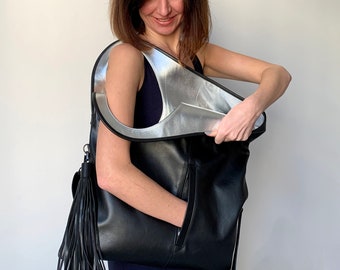 Minimalist leather bag Black and silver purse Oversized leather hobo bag Slouch handbag Soft leather shoulder bag Flap bag