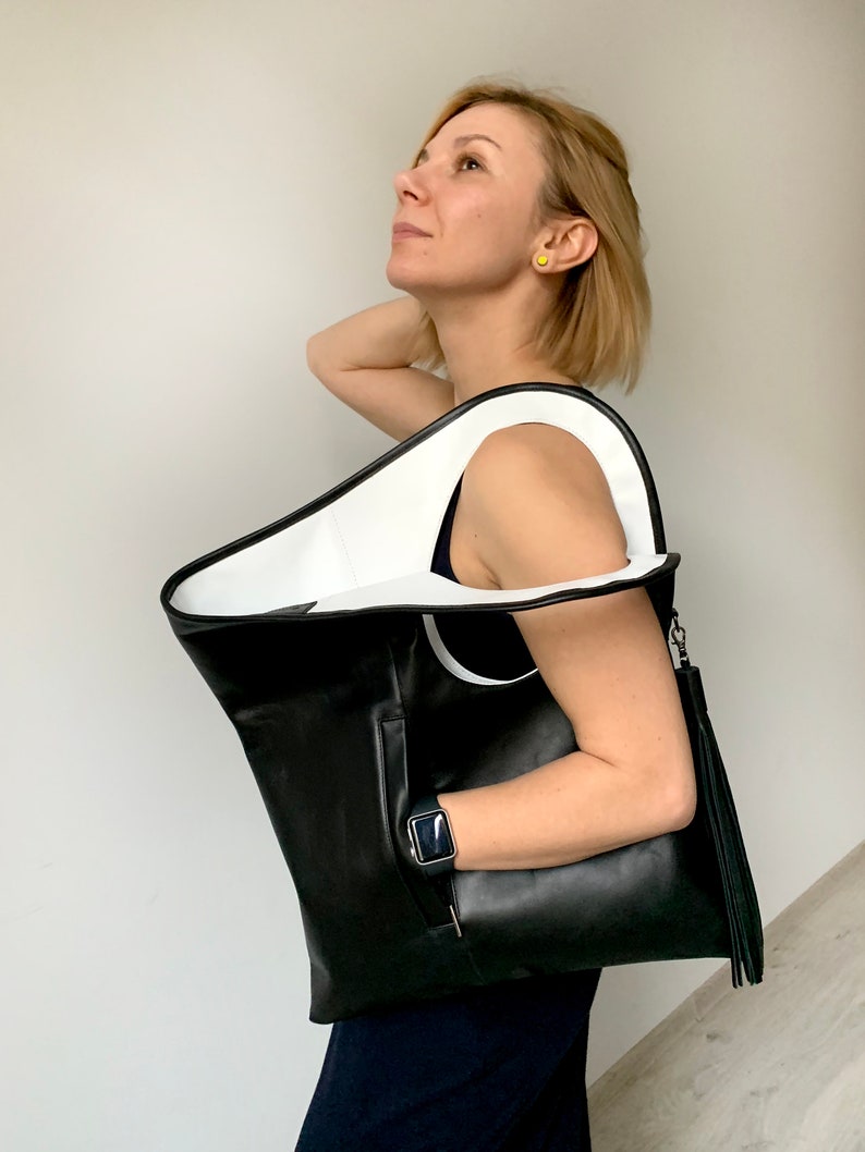 Beige leather tote bag for women Large leather handbag Asymmetrical purse Unique shoulder bag Soft leather shopper