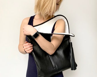 Black and white leather bag Medium shoulder bags Asymmetrical purse Unique handbags for women Genuine leather tote bag soft leather hobo bag