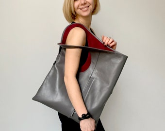 Custom leather bag Soft leather hobo bag Grey leather tote Large shoulder Large shoulder bag with pockets