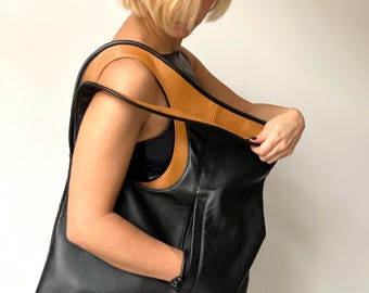 Black and camel leather slouchy hobo bag Ladies shoulder purse Large hole handle shopper