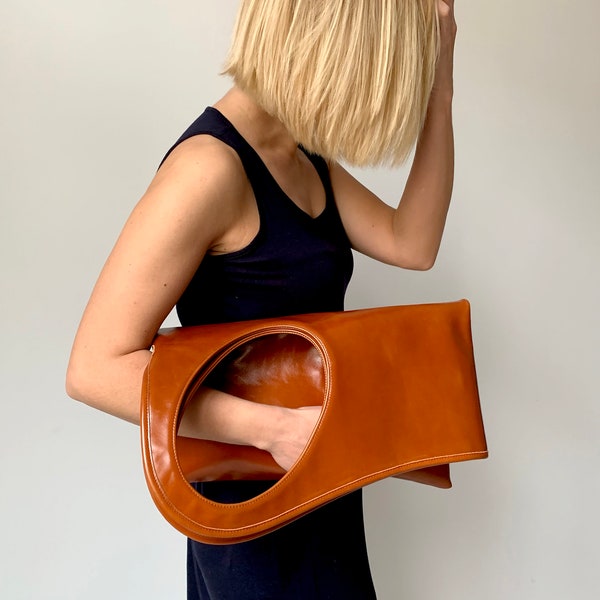 Brown leather clutch bag Large leather pouch bag Oversized handbags for women Tan leather purse Cognac leather hobo bag by Olena Molchanova