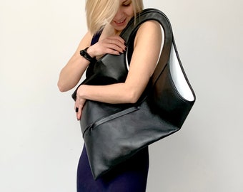 Oversized shoulder bag Soft leather shopper Black and white bag Armhole purse Genuine leather hobo bag Unique handbags for women Flat purse