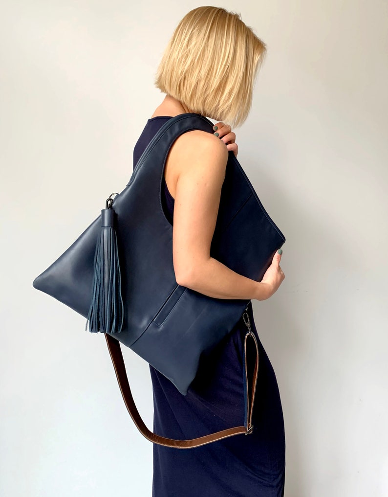 Blue leather purse Real leather hobo bag Designer bag Genuine leather handbags for women Navy blue shoulder bags Extra large leather shopper by Olena Molchanova.