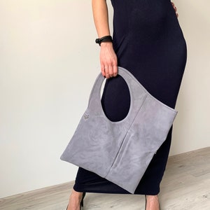 Suede bag for women Grey leather handbag Oversized hobo bag Asymmetrical purse Medium purse Unique tote by Olena Molchanova