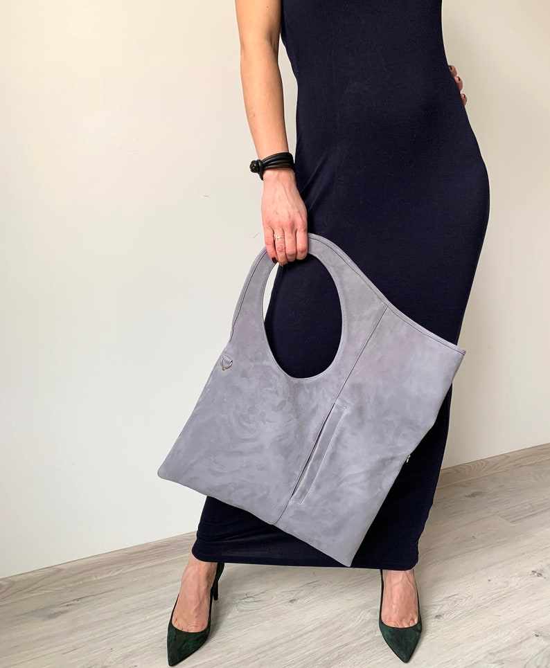 Suede bag for women Grey leather handbag Oversized hobo bag Asymmetrical purse Medium purse Unique tote by Olena Molchanova