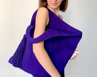 Suede shouder bag Blue suede handbag with pocket Large tote for women Slouchy hobo bag Unique large purse Modern shopper with tassel